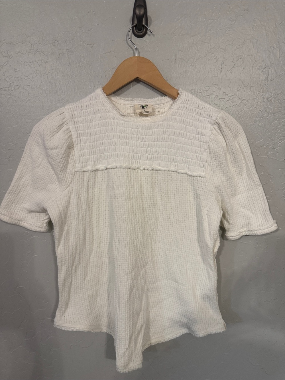 We The Free White Short Sleeve Smocked Yoke Top